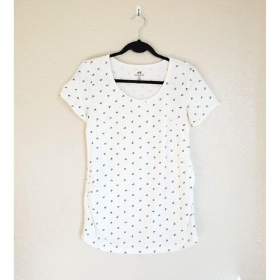 H&M Mama Womens Top White M Maternity Anchor Print Short Sleeve
