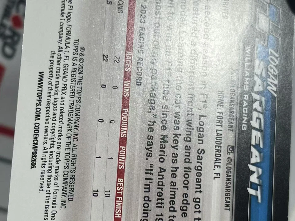 LOGAN SARGEANT 2024 Topps Paddock Pass Formula 1 F1 #50 Members Only - Image 3 of 4