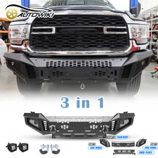 3 in 1 Front Bumper w/Skid Plate  Fit 2019-2024 Ram 2500 3500 w/2*Led pod Lights