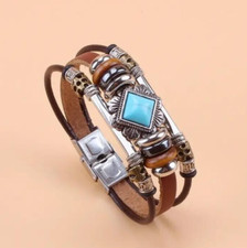 Brown Faux Turquoise PU Leather Stainless Steel Buckle Bracelet Gift Men Women