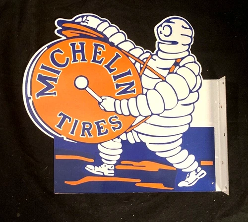 Vintag Art MICHELIN TIRES PORCELAIN ENAMEL FLANGE SIGN Rare Advertising 18" X 17