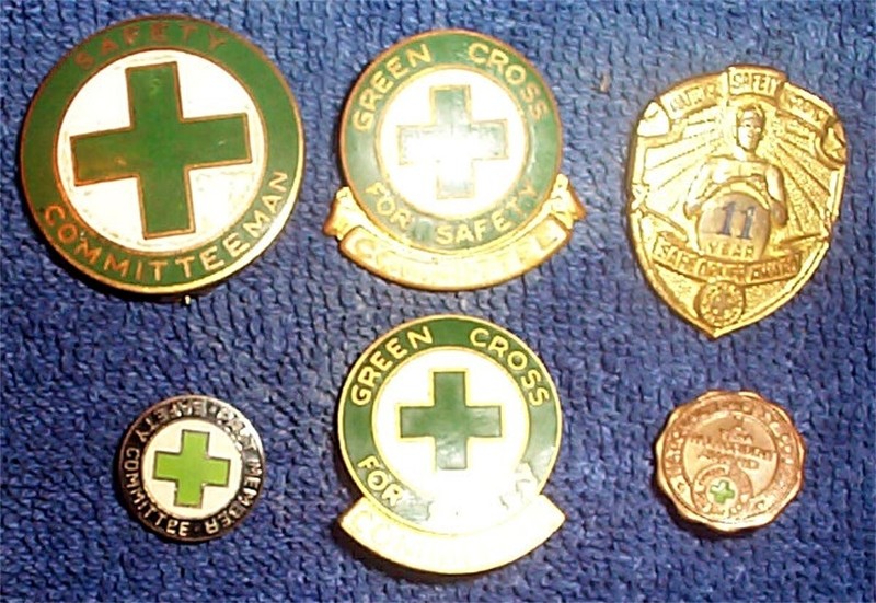 National Safety Council 6 Green Cross for Safety Pins 1950--60's.