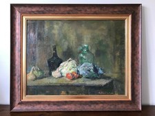 HUILE SUR PANNEAU SIGNEE ROBERT BREITWIESER NATURE MORTE LEGUMES ET BOUTEILLES