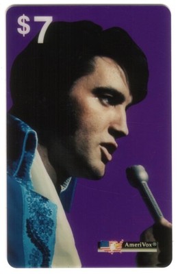$7. Elvis Presley Singing Into Microphone (1970 Close-up) Purple USED Phone Card