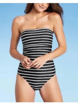 Kona Sol Black White Striped One Piece Strapless Ruched Women Swimsuit Small NWT