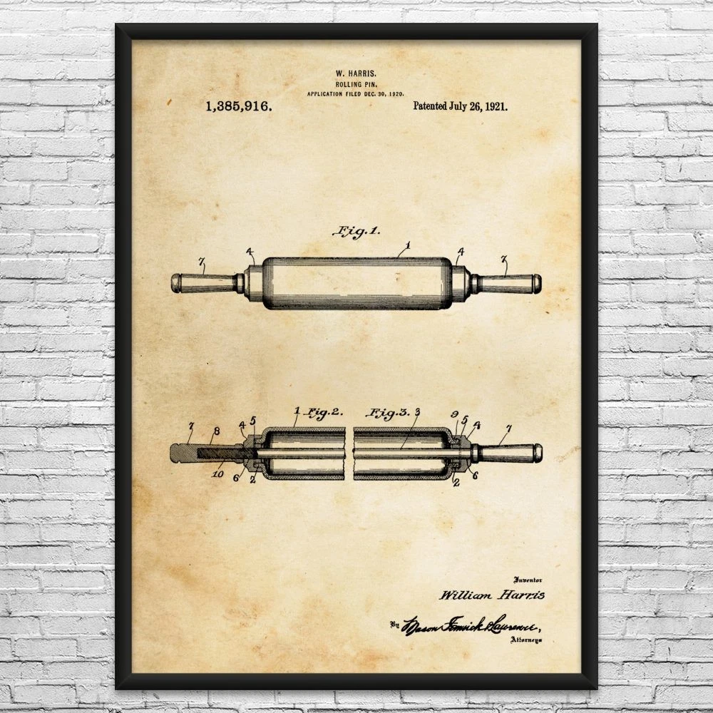 Rolling Pin Patent Wall Art: Deli Decor, Pastry Chef, Baker Gift, Kitchen Art