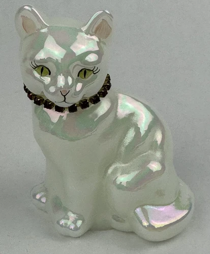 Fenton Birthday Cat Figurine White Opalescent Red Collar Signed S Hopkins