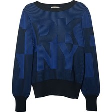 DKNY Blue Black Logo Ribbed long sleeve Knit crew neck Sweater Size M NWT
