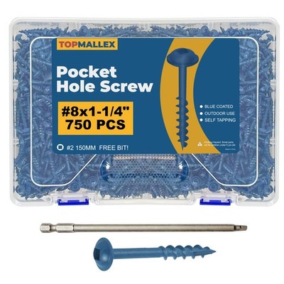 750 PCS #8 x 11/4 Inch Pocket Hole Screws Blue Coated Square Drive Wood