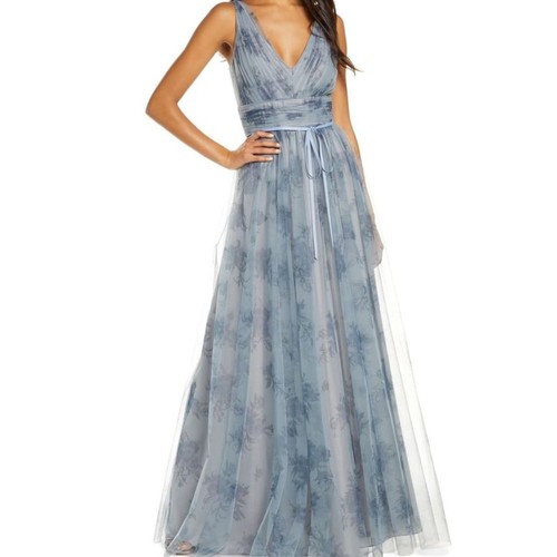 NWT Marchesa Notte Dusty Blue Floral V-Neck Chiffon Maxi Dress Size 14