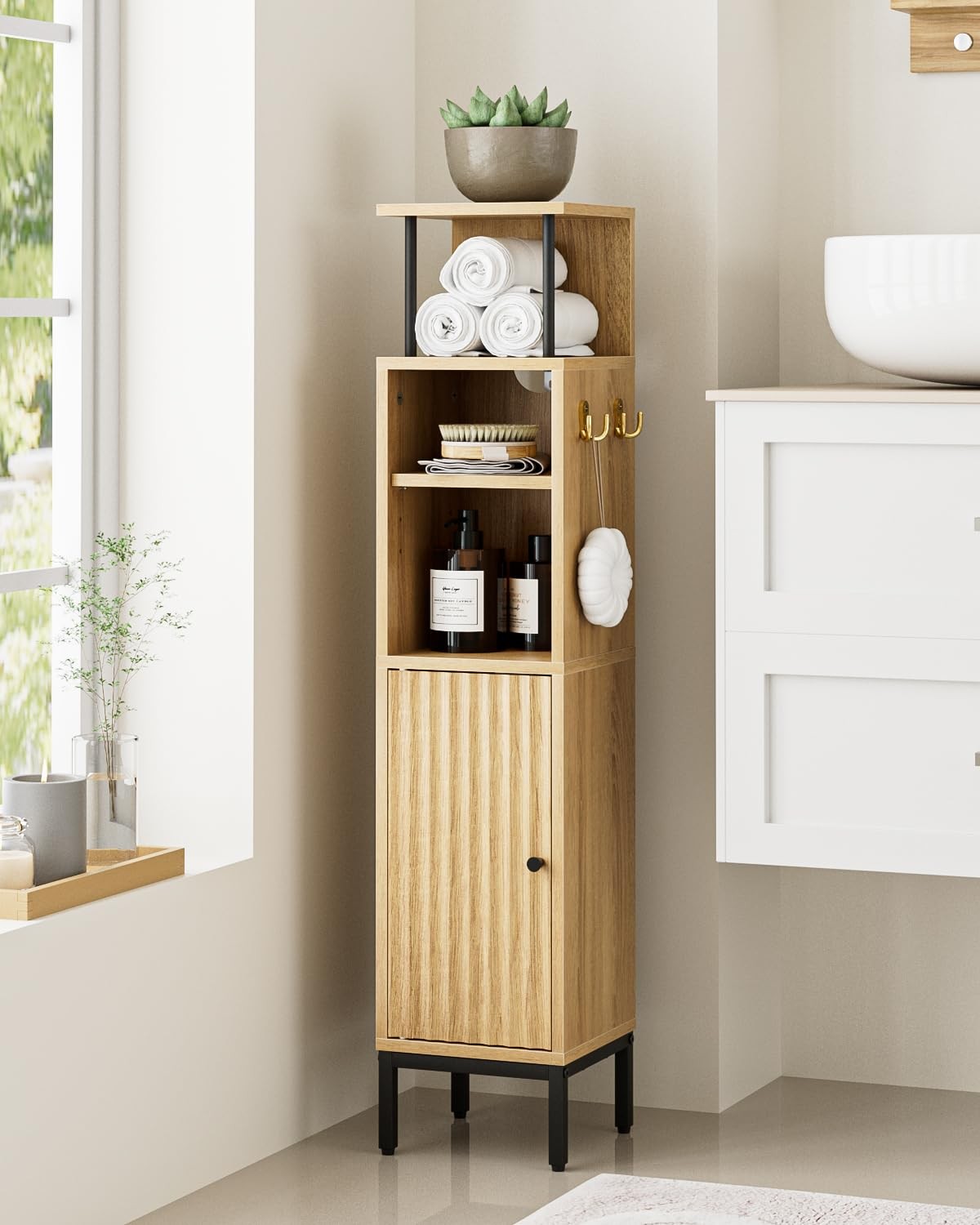 Bathroom Storage Cabinet,Small Corner Floor Cabinet with 2 Hook,Narrow Tall T...