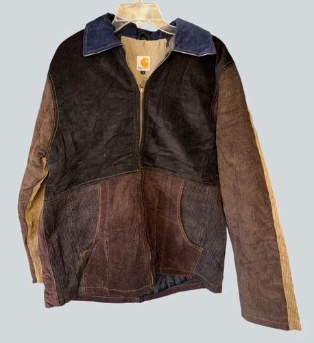 Reworked Carhartt Patchwork Corduroy Jacket S Brown Olive Colorblock Quilted video thumbnail