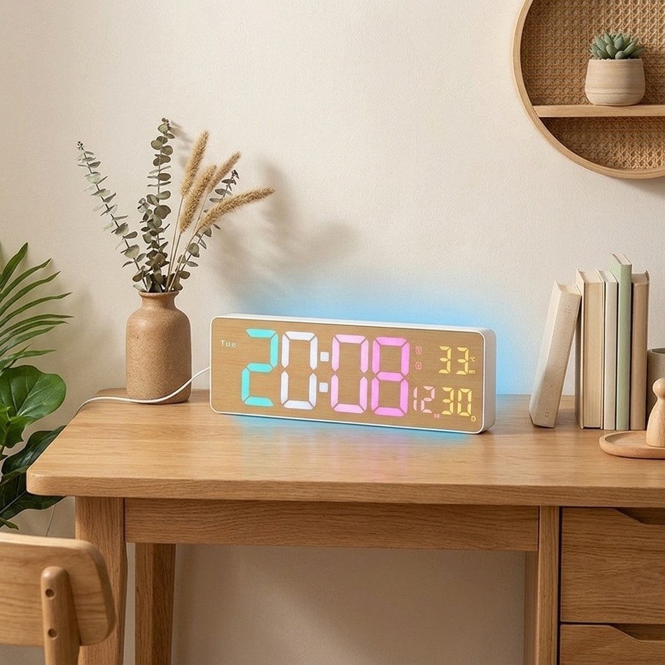Modern Multi Function Wall Clock with LED Display Time Date Week Alarm ...
