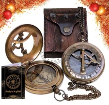 Brass Sundial Compass with Leather Case and Chain - Push Open Compass - Steam...