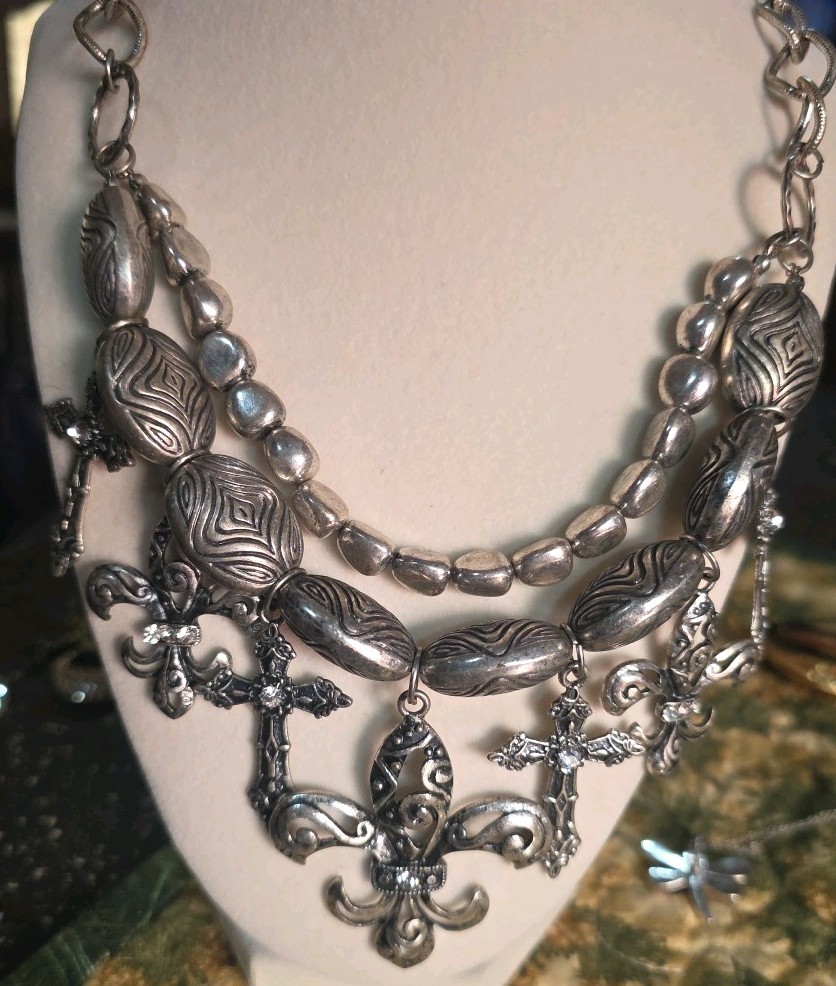 Multi Layered Silvertone Statement Bold 18" Neckl… - image 1