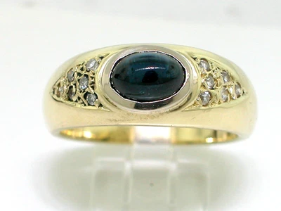 Saphir Ring 585 Gelbgold 14Kt Gold Bandring Saphircabochon  12 Diamanten  - Bild 1 von 4