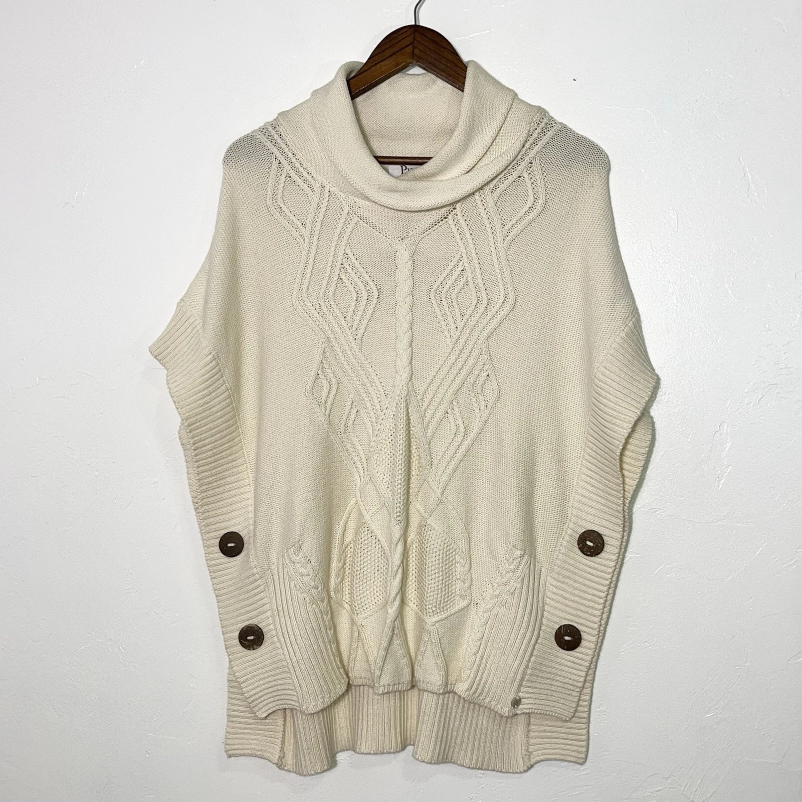 Neon Buddha Cream Chunky Cable Knit Cowl Neck Poncho Sweater 100% Cotton