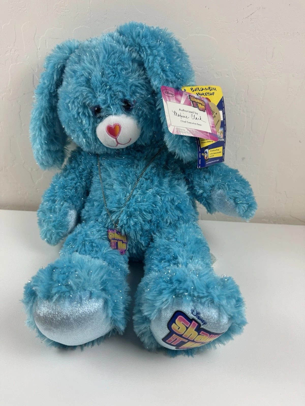 2012 Build A Bear BABW Disney Shake It Up Blue Teal Sparkly Bunny, Necklace Tags