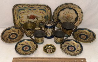 ANTIQUE 13 PIECE TIN LITHO TOY TEA SET EARLY VICTORIAN FLOWERS & ROSES TEAPOT