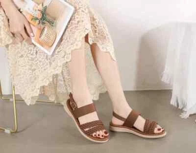 Sandales Femme Basses Fleurs Tacco Basso Marron Intreccio Cuir Synthétique 89854 - Photo 1/4