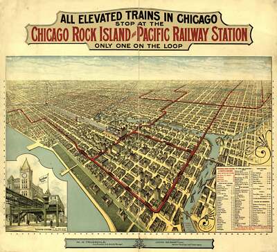 Bird's Eye View Map of Chicago Loop and Elevated Train System, 1897