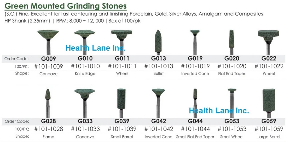 META DENTAL CORPORATION Meta BesQual Dental Lab Green Mounted Grinding Stones HP Shank 2.35mm Box/100