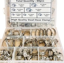 60pcs Adjustable Hose Clamps Worm Gear Stainless Steel Clamp Assortment 7 Sizes