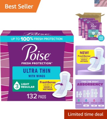 Light Absorbency Incontinence Pads with Wings - 100% Fresh Protection, 132 Count