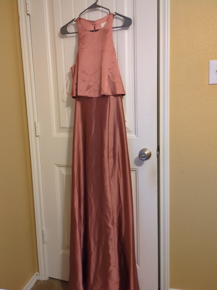 Revelry Wren Satin Fitted High Neck A-line Bridesmaid Dress 6 Desert Rose
