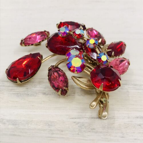 2 - VINTAGE RED PINK AB RHINESTONE NAVETTE BEAD STATEMENT PIN BROOCHES Unmarked - Picture 5 of 21