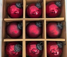 Tinsel and Fir Red Kugel Style Glass Heavyweight RED Christmas Ornaments 9 Piece