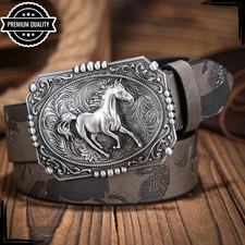 Mens Horse Waist Vintage Cowboy Leather Belt Buckle High Quality Western Grey
