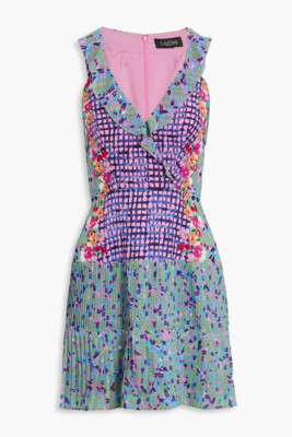 SALONI Amy Floral Silk Satin Sleeveless V-Neck Pleated Mini Dress Size 2