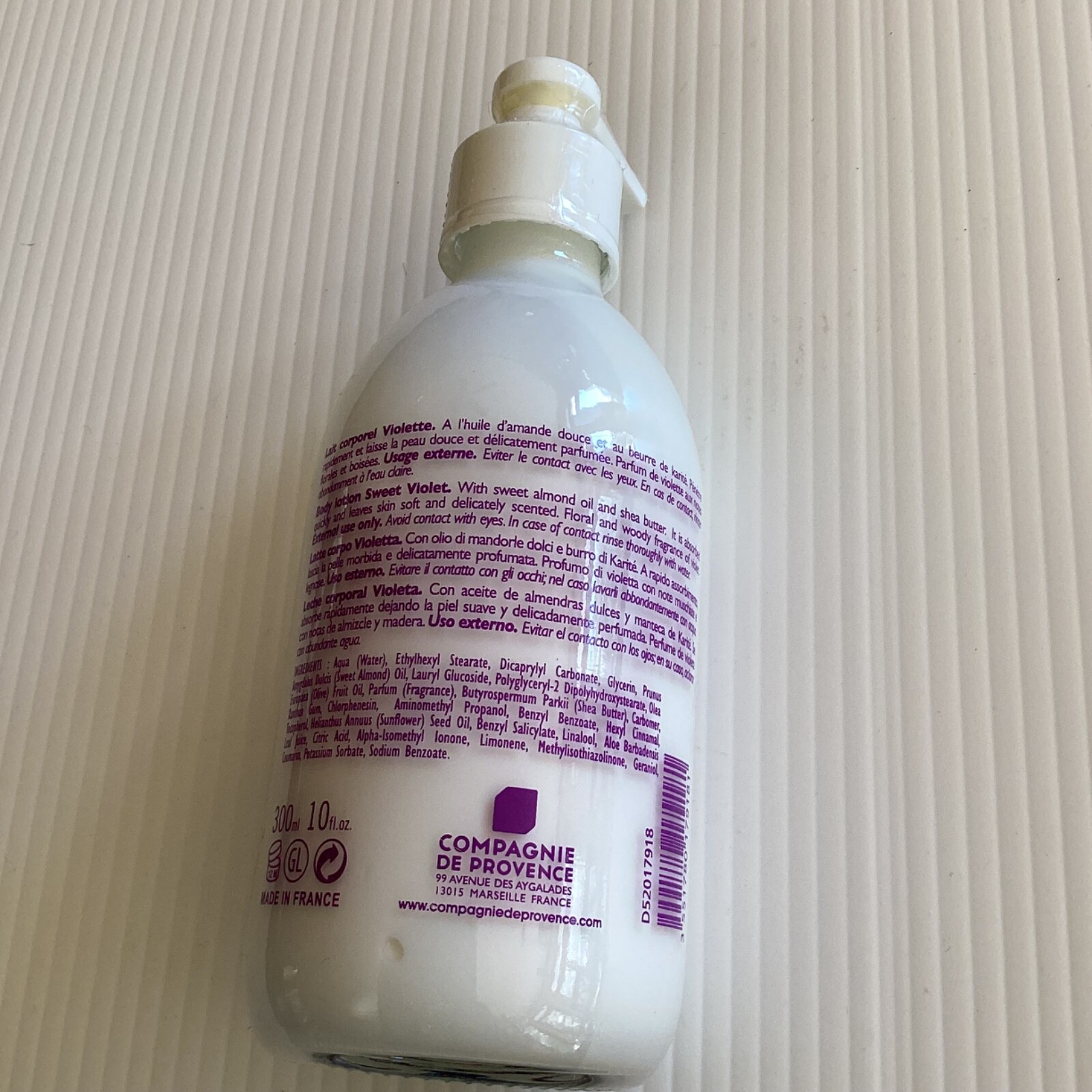 Compagnie de Provence SWEET VIOLET Body Lotion MOISTURIZER Glass 10oz +SEAL +Bag