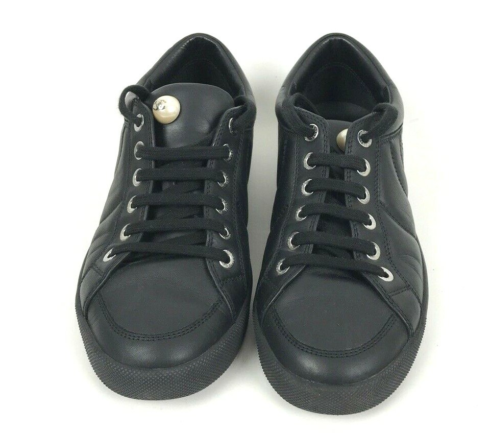 CHANEL Runway AUTHENTIC Women's 36/5 M Pearl Logo Black