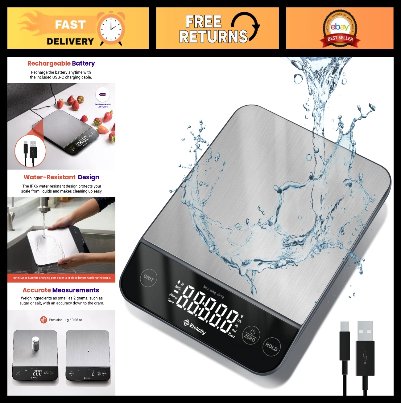 Digital Kitchen Food Scale - Grams & Oz, Precise 0.05oz Graduation, Waterproof,