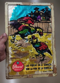 1960s Pearl Beer Cardboard Advertising Sign SPANISH San Antonio Texas Roosters