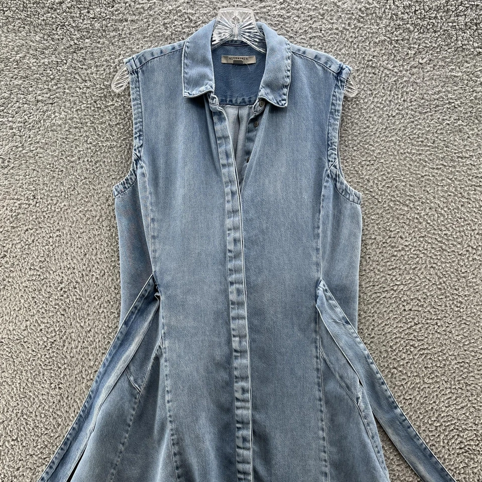 Colete jeans feminino AllSaints grande azul sem mangas longline cintura amarrada bainha crua - Imagem 2 de 4