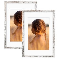 16x24 Picture Frame Weathered White 12x18 Mat HD Glass Wall Mount 2Pack