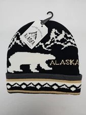 New Alaska Hat Black Knit Beanie White Polar Bear Brown Highlight