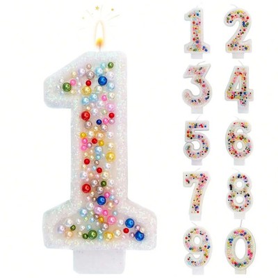 Birthday Number Candles, Pearl Sequin Happy Birthday Cake Candles for Ins Pink T