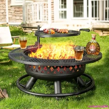 3-in-1 Outdoor Fire Pit Table w/ Grill & Lid – 36" Metal Wood Burning Fireplac