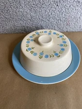Vintage Covered Butter Cheese Dish Blue Flower Print Ceramic Pre-Owned