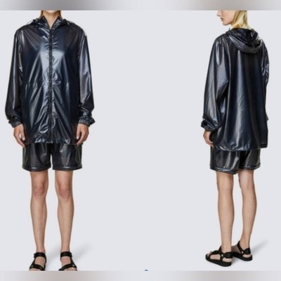 NEW RAINS Size Small Ultralight Shadow Black Full-Zip Oversized Hooded Raincoat