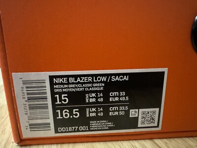 NIKE X SACAI BLAZER LOW CLASSIC GREEN MENS SIZE (DD1877-001) NEW