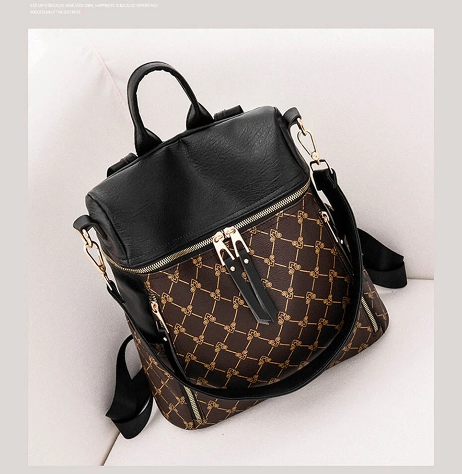 Functional Fashion: Black & Brown Unique Patterned Anti-Theft Backpack