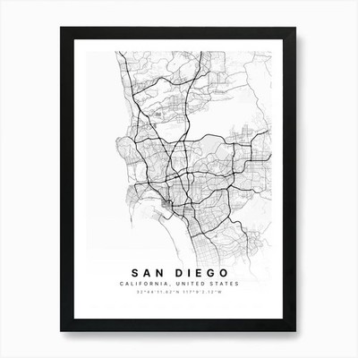 San Diego California USA White Map  Framed Wall Art Poster Canvas Print Picture