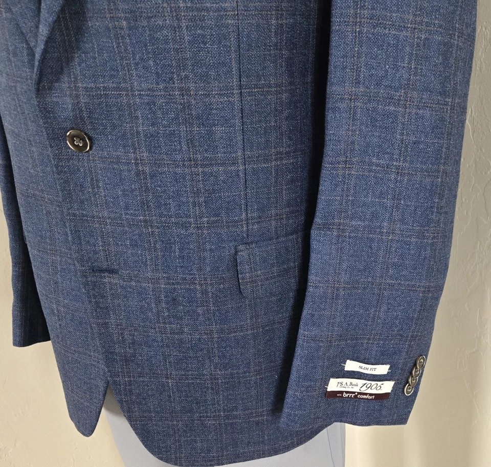 NEW Jos A Bank 46R Blazer Linen Wool Windowpane Blue Checked Sport Coat Jacket - Image 4 of 4