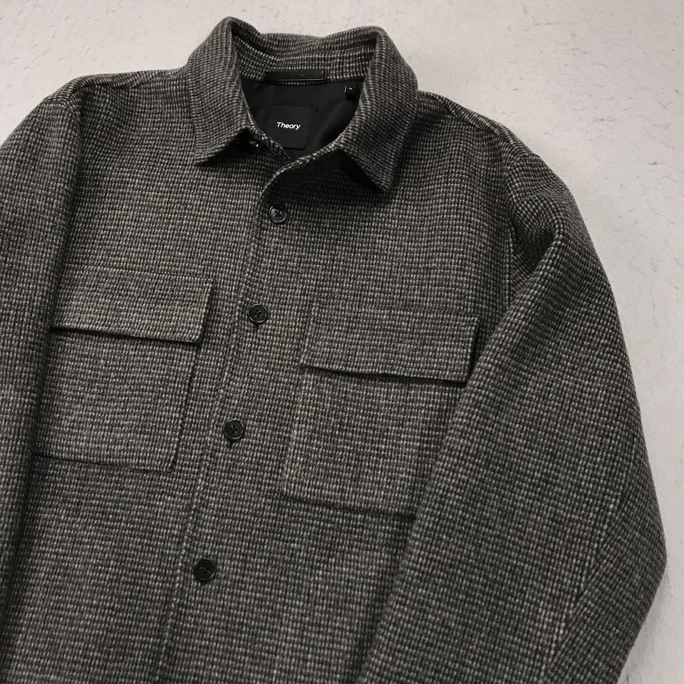 Theory Justin Shirt Jacket Mens XL Gray Beige Houndstooth Shacket Wool Cashmere - Image 3 of 4