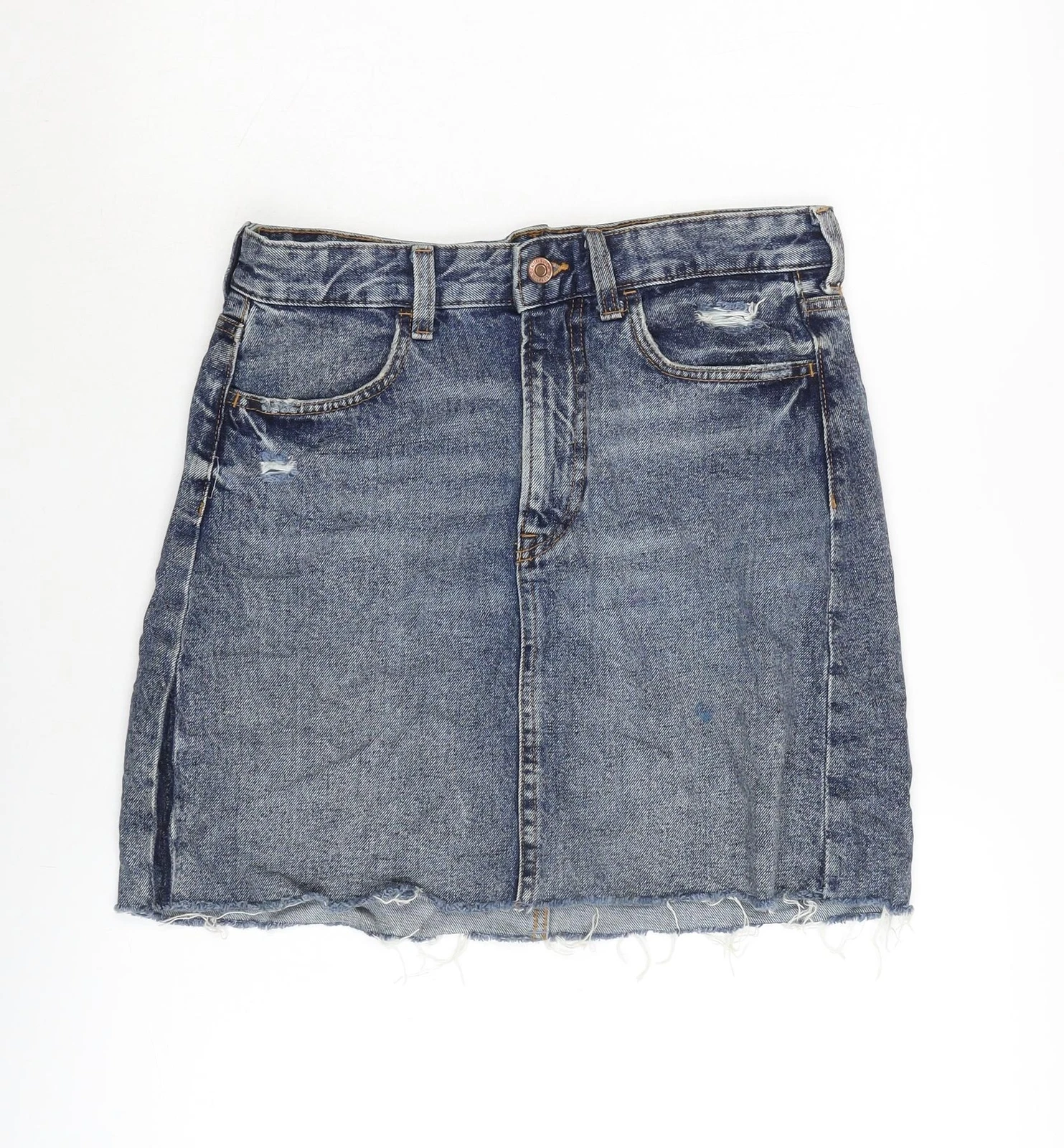 H&M Womens Blue Cotton A-Line Skirt Size 10 Zip - Distressed